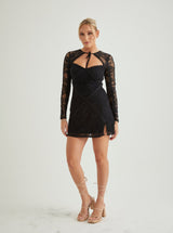 Long Sleeves Lace Mini Dress | Black