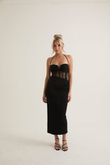 Lace Corset Midi Dress with Adjustible Neck Tie | Black