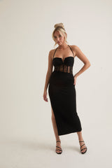 Lace Corset Midi Dress with Adjustible Neck Tie | Black