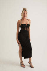 Lace Corset Midi Dress with Adjustible Neck Tie | Black