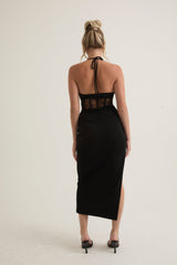 Lace Corset Midi Dress with Adjustible Neck Tie | Black