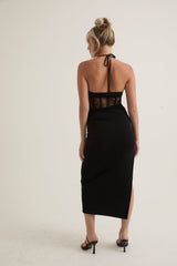 Lace Corset Midi Dress with Adjustible Neck Tie | Black