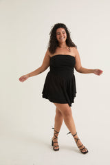 Double-Tiered Flounced Dropped Waist Mini Dress | Black