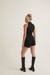High Neck Frontal Zipper Ruched Romper