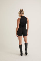 High Neck Frontal Zipper Ruched Romper