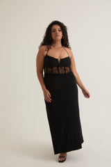 Lace Corset Midi Dress with Adjustible Neck Tie | Black
