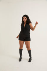 High Neck Frontal Zipper Ruched Romper