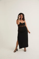 Lace Corset Midi Dress with Adjustible Neck Tie | Black