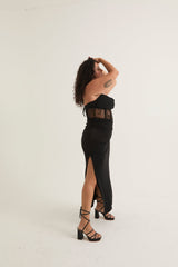Lace Corset Midi Dress with Adjustible Neck Tie | Black