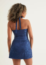 Deep V Neckline Corset Halter Mini Dress | Blue