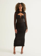 Mesh Corset Ruched Midi Dress | Black
