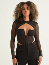 Mesh Corset V Neck Top | Black