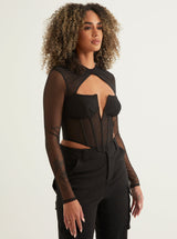 Mesh Corset V Neck Top | Black