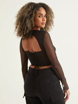 Mesh Corset V Neck Top | Black