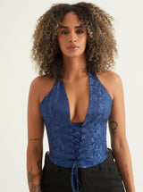 Deep V Neckline Corset Halter Top | Blue