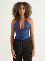 Deep V Neckline Corset Halter Top | Blue