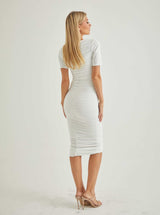 Short Sleeve Ruched Midi Dress | White