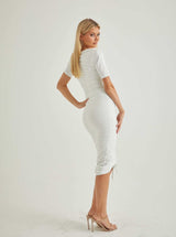 Short Sleeve Ruched Midi Dress | White