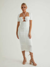 Short Sleeve Ruched Midi Dress | White