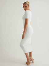 Short Sleeve Ruched Midi Dress | White