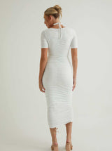 Short Sleeve Ruched Midi Dress | White