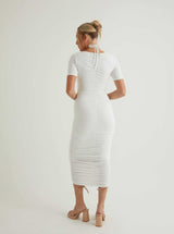 Short Sleeve Ruched Midi Dress | White
