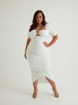 Short Sleeve Ruched Midi Dress | White