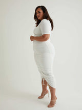 Short Sleeve Ruched Midi Dress | White