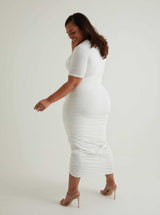 Short Sleeve Ruched Midi Dress | White