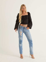 Ruched Long Sleeve Top | Black & White