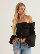Ruched Long Sleeve Top | Black & White