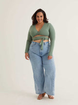 Front Twist V Neck Crop Top | White & Sage