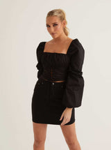 Ruched Long Sleeve Top | Black & White