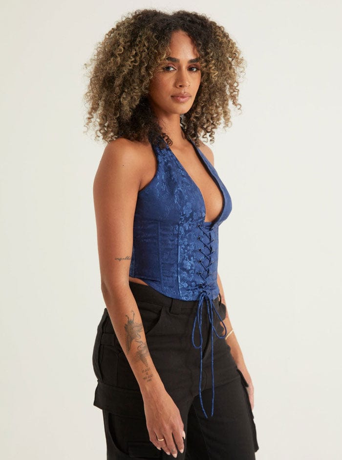Women Wearing Deep Neck Sexy Corset Top in Blue Color