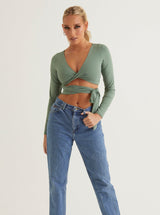 Front Twist V Neck Crop Top | White & Sage