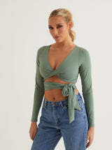 Front Twist V Neck Crop Top | White & Sage