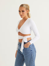 Front Twist V Neck Crop Top | White & Sage