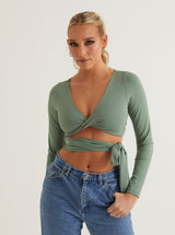 Front Twist V Neck Crop Top | White & Sage