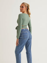 Front Twist V Neck Crop Top | White & Sage