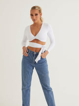 Front Twist V Neck Crop Top | White & Sage