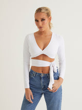 Front Twist V Neck Crop Top | White & Sage