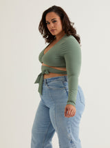Front Twist V Neck Crop Top | White & Sage