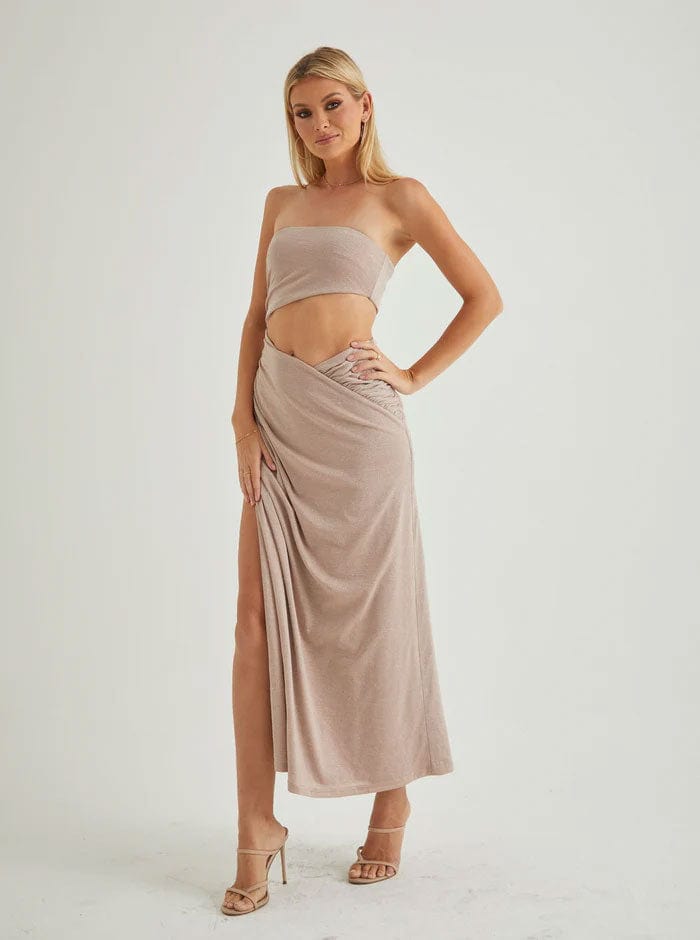 Nude-colored strapless cut-out dress