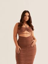 Bodycon Ruched Cut-Out Midi Dress | Coffee & Raspberry
