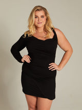 One Shoulder Long Sleeve Mini Dress | Black & Raspberry