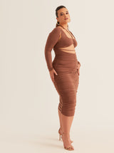 Bodycon Ruched Cut-Out Midi Dress | Coffee & Raspberry