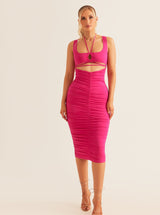 Bodycon Ruched Cut-Out Midi Dress | Coffee & Raspberry
