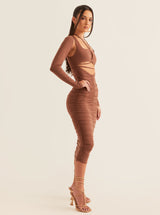 Bodycon Ruched Cut-Out Midi Dress | Coffee & Raspberry